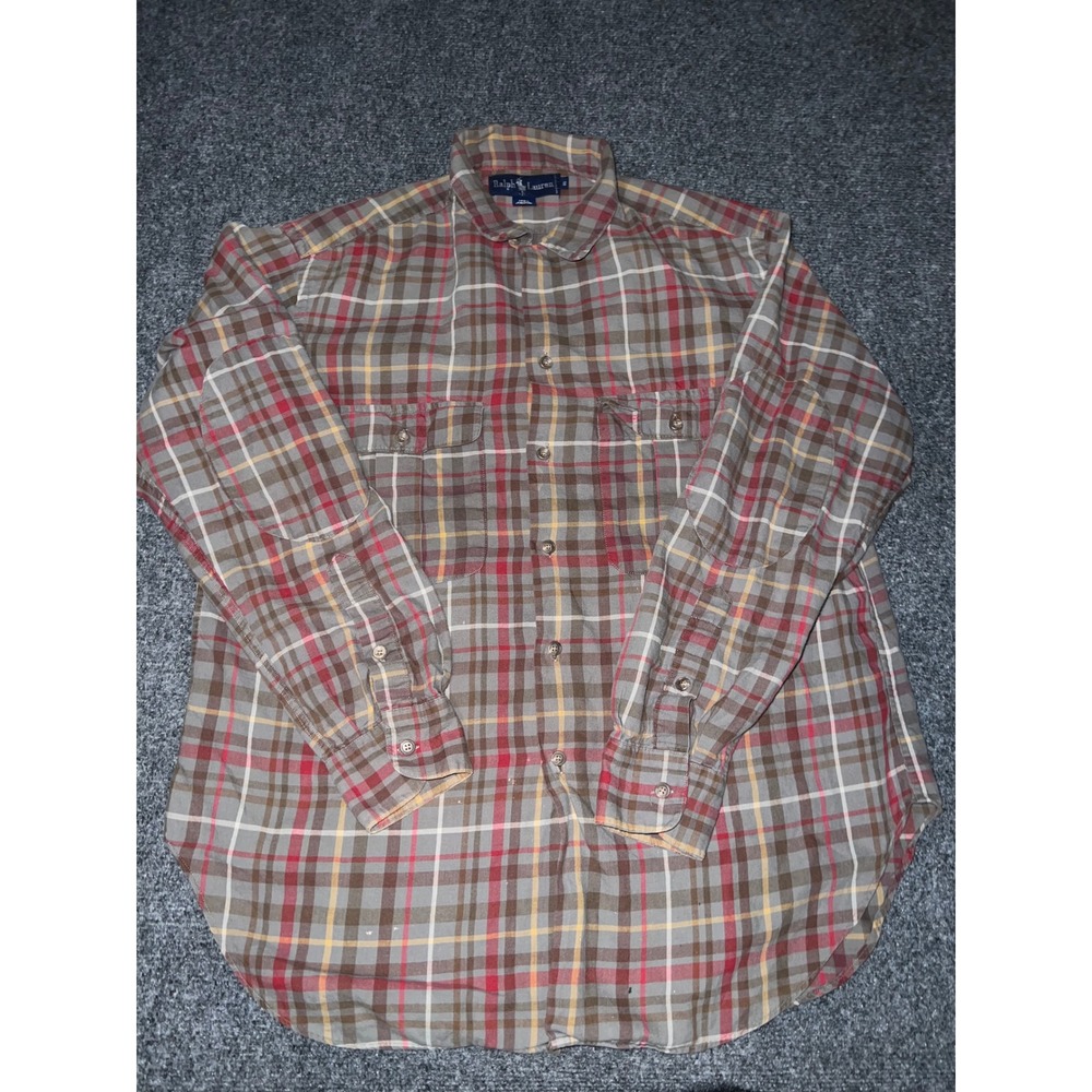 Ralph Lauren Women 10 Plaid Button Down Shirt Gray Red Cotton Long Sleeve